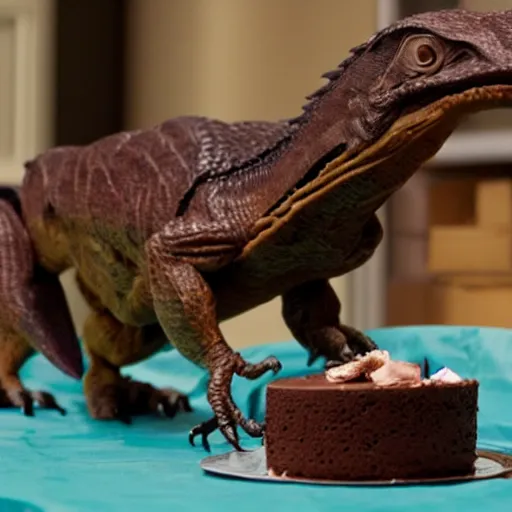 Prompt: velociraptor devouring a chocolate cake, movie still