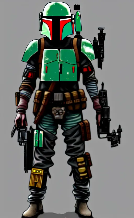 Prompt: cyberpunk mercenary inspired by boba fett in a scenic scifi environment