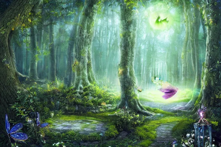 Prompt: An enchanted forest, it is nighttime, there are flying fairies, fantasy-style, photorealism, highly detailed.