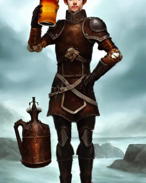 Prompt: Young man, lanky, pale, short black hair, wearing armor made of leather, holding a tankard of ale, digital art, realistic, detailed, trending on artstation, sea in the background