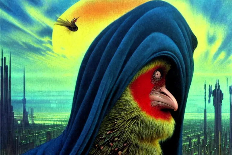 Image similar to realistic detailed portrait movie shot of a birdman wearing a dark robes, sci fi city landscape background by denis villeneuve, amano, yves tanguy, alphonse mucha, ernst haeckel, max ernst, roger dean, masterpiece, rich moody colours, dog teeth, blue eyes, sunset