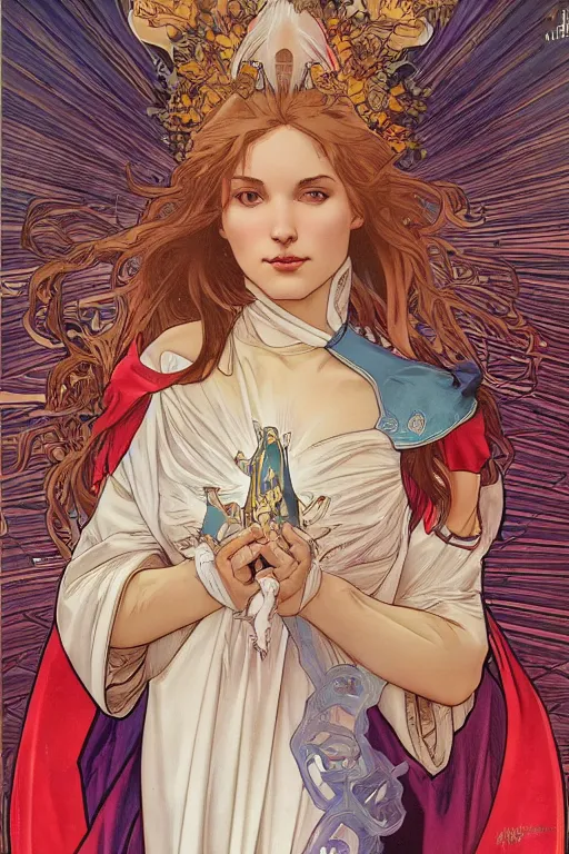 Image similar to the immaculate conception, by artgerm and moebius and alphonse mucha, hyperdetailed, dc comics, explosions in the sky, trending on artstation