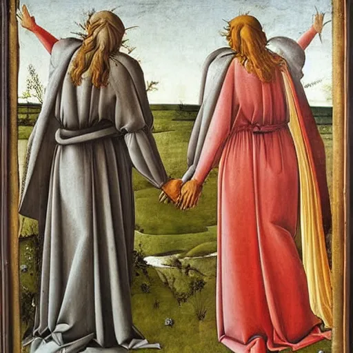 Prompt: two men holding hands by Botticelli