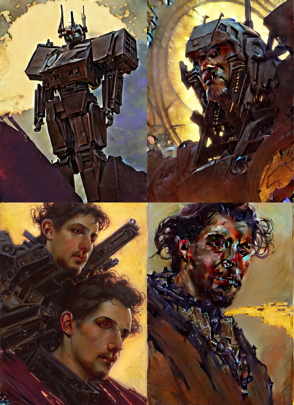 Prompt: Transformers IDW Collection Phase Two Volume 7 Concept Art Portrait ((Handsome Man snarling seductively,)) Highly detailed by greg rutkowski, Ilya repin, alphonse mucha, and Edmund Blair Leighton. Very highly detailed 8K, octane, Digital painting, the golden ratio, rational painting, sharp