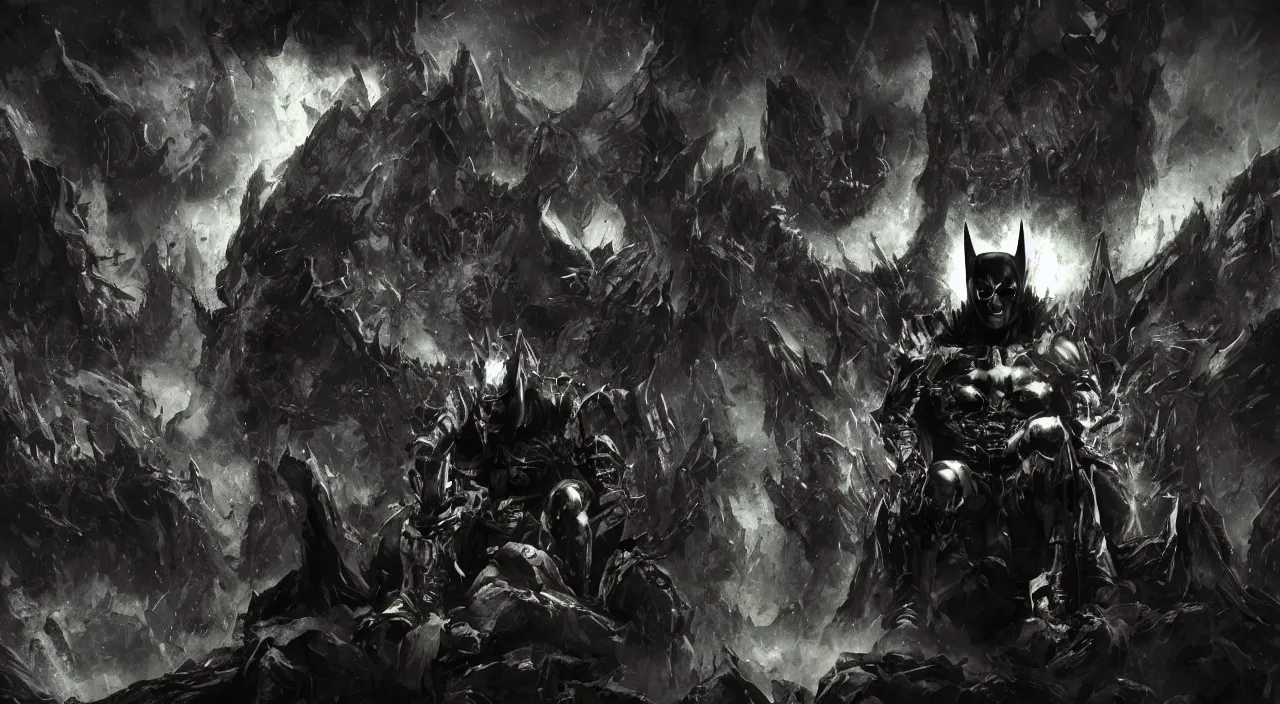 Prompt: deathmetal batman sitting on a throne of skulls, dark cinematic cave environment with hard rim lights and volumetric atmosphere