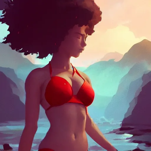 Image similar to kodak portra. by wlop, ilya kuvshinov, krenz cushart, greg rutkowski, trending on pixiv. zbrush sculpt, octane, maya, houdini, vfx. cute amazon woman wearing bikini armor. digital painting. cinematic dramatic atmosphere, sharp focus, volumetric lighting.