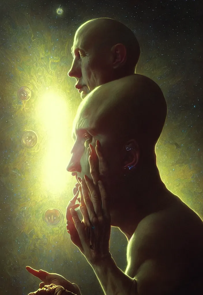 Image similar to Maynard James Keenan being abducted by aliens, close up, 80mm, dark light night, intricate, elegant, sharp focus, illustration, highly detailed, digital painting, concept art, matte, art by WLOP and Artgerm and Greg Rutkowski and Alphonse Mucha, masterpiece