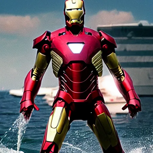 Prompt: film still of iron man in the shape of shark in the movie jaws, photography, trailer, 4 k