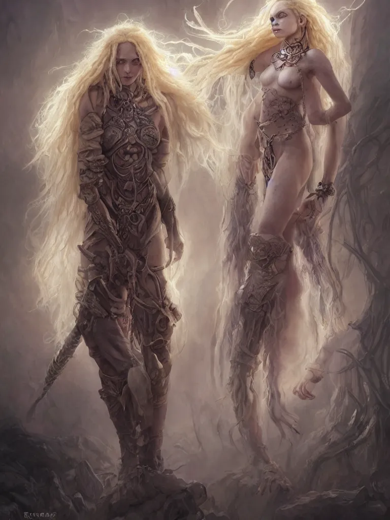 Image similar to fantasy changeling girl with blonde dreadlocks revealing her true nature, staring eyes, dim light, front game card, marvel comics, dark, intricate jewellery, highly detailed, smooth, smirking, artstation, digital illustration by ruan jia and mandy jurgens and artgerm and wayne barlowe and greg rutkowski and zdislav beksinski