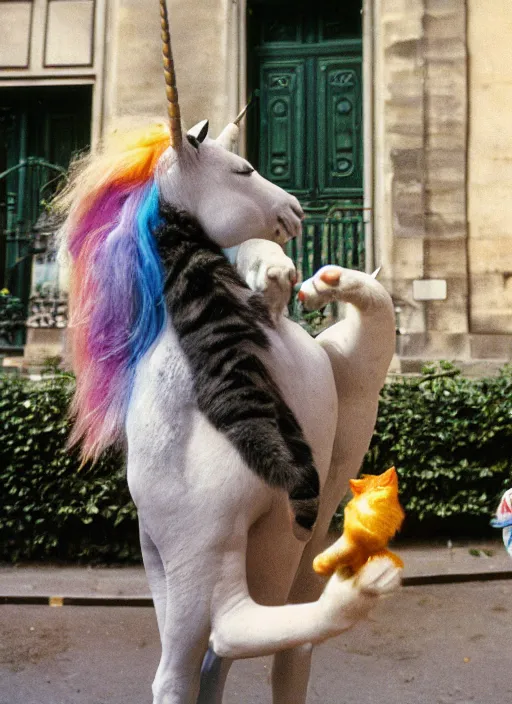 Prompt: a unicorn in paris, a cat and a piece of cabbage are bursting out of its horn, lsd, canon 5 d 5 0 mm lens kodachrome