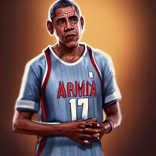 Image similar to barrack obama and jay z hybrid, 3 d character art, wearing basketball jersey, cinematic lighting symmetrical facial features, from arknights, hyper realistic, 4 k, rule of thirds, extreme detail, detailed drawing, trending artstation, realistic lighting, by alphonse mucha, greg rutkowski, short neck