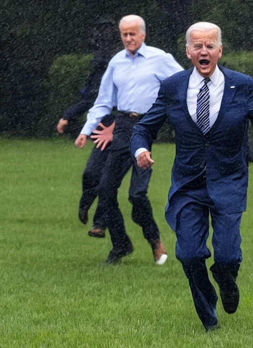 Image similar to joe biden is running terrified from a monster from predator that is chasing him on the white house lawn during a storm, photoealistic, scary