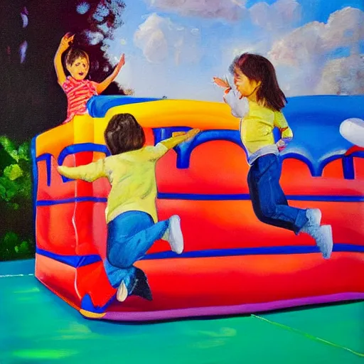 Prompt: a painting of young children jumping in a bouncy castle made of jell - o, with very dramatic lighting,, realistic