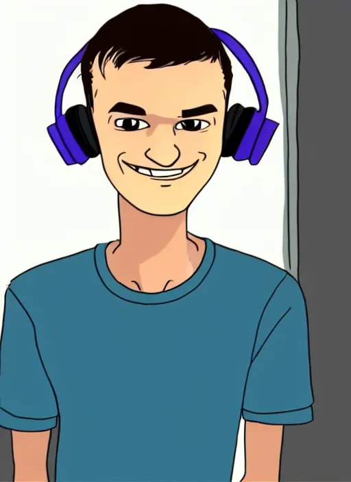 Image similar to vitalik buterin in headphones starring in pixar cartoon. vitalik buterin, medium shot, perfect symmetric face, coherent eyes, pixar cartoon style, beautiful smiling face, high detail, very sharp, 4 k