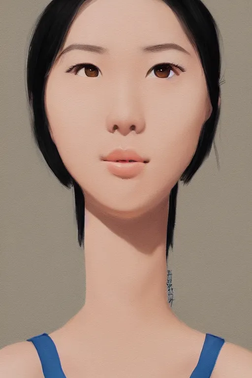 Image similar to a painting of cute Asian girl, short hair, in the style of Pixar animation, low angle view, 16mm lens, award winning, hyper detailed, dramatic lighting, artstation, octane renderer, unreal engine