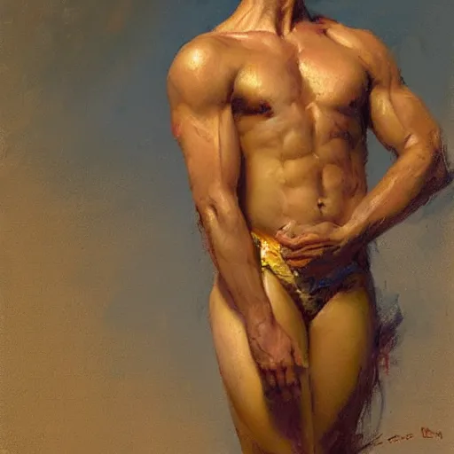 Image similar to a man with an inverted triangle body type, painting by Gaston Bussiere, Craig Mullins