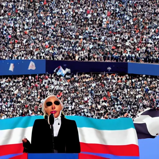 Image similar to Lady Gaga as president, Argentina presidential rally, Argentine flags behind, bokeh, giving a speech, detailed face, Argentina