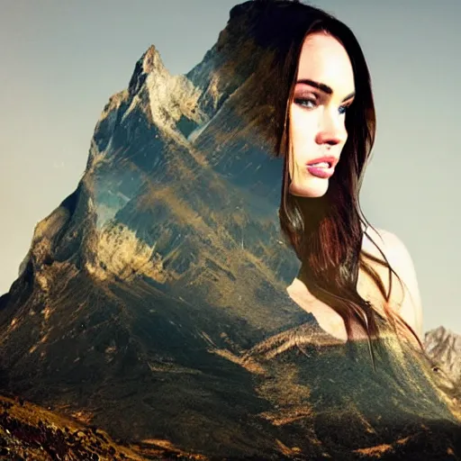 Image similar to double - exposure effect of megan fox face in beautiful mountains, in the style of dan mountford, amazing detail