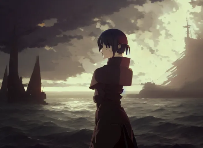 Prompt: side portrait of inquisitor maria, helm of second world war warship in background, fog landscape, illustration concept art anime key visual trending pixiv fanbox by wlop and greg rutkowski and makoto shinkai and studio ghibli and kyoto animation, grimdark, symmetrical facial features, astral witch clothes, dieselpunk, gapmoe yandere, backlit