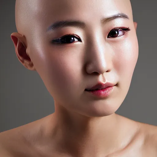 Prompt: photograph portrait bald korean japanese goddess of beauty neutral expression face straight on headshot even lighting no hair