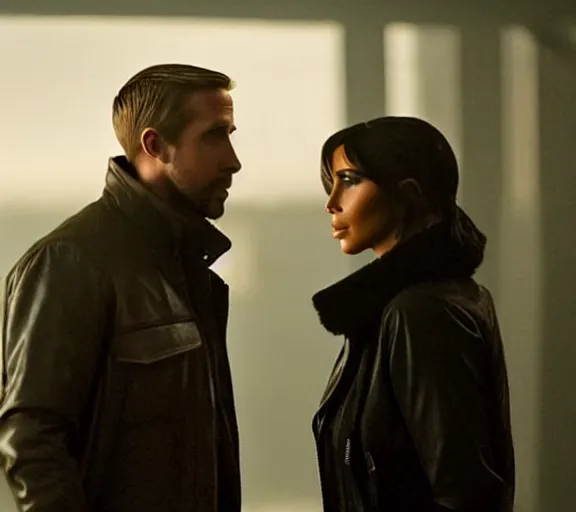 Image similar to a movie still of kim kardashian talking with ryan gosling in the movie blade runner 2 0 4 9