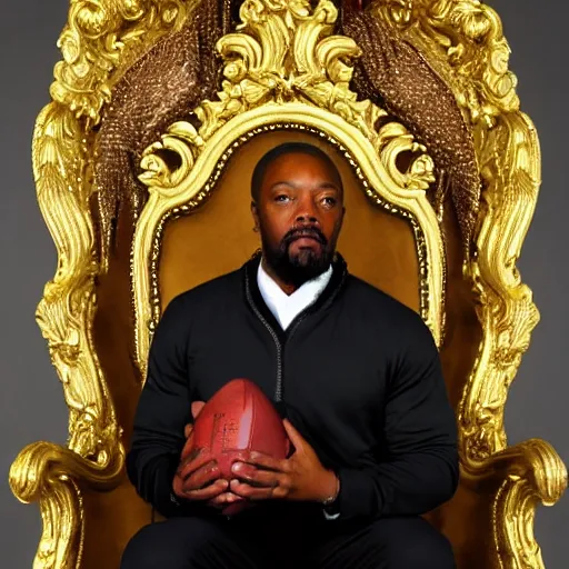 Image similar to Baroque portrait of coach Tomlin sitting on an ornate throne as Emperor of Football