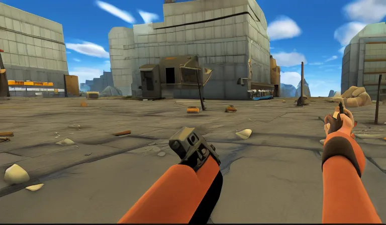 Prompt: Team Fortress 2 by Tadanori Yokoo, PC game, source engine, gameplay screenshot, first-person pov