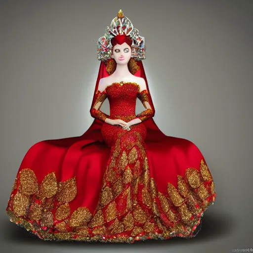 Prompt: realistic human queen, wearing red gown, beautiful, sitting on throne, highly detailed
