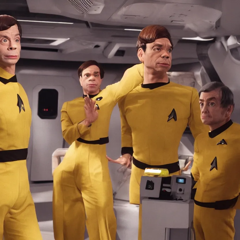 Prompt: chris kattan as mango from snl onboard uss enterprise, spock, star trek, movie still, photograph photorealistic, highly detailed, octane render,