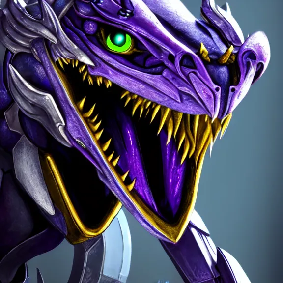 Prompt: high quality close up headshot of a cute beautiful stunning robot anthropomorphic female dragon, with sleek silver armor, purple flesh, glowing LED eyes, facing the camera, high quality maw open and about to eat you, you being dragon food, the open maw being detailed and soft, highly detailed digital art, furry art, anthro art, sci fi, warframe art, destiny art, high quality, 3D realistic, dragon mawshot, maw art, furry mawshot, macro art, dragon art, Furaffinity, Deviantart