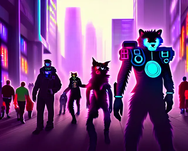 Image similar to high - resolution photograph from a cyberpunk era furry fandom convention ( midwest furfest 2 0 4 7 ), taking place after the genetic revolution and quantum singularity. photorealistic.