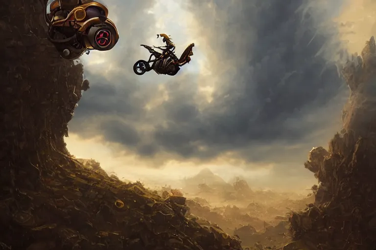 Prompt: an epic fantasy detailed illustration of a robot flying vespa scooter among the clouds by alejandro burdisio and michael whelan, industrial, hydraulics, prosthetics, 4K, golden hour hues