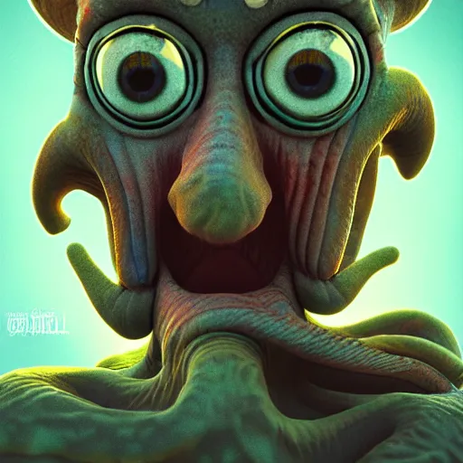 Image similar to photorealistic scared squidward. hyperdetailed photorealism, 1 0 8 megapixels, amazing depth, glowing rich colors, powerful imagery, psychedelic overtones, 3 d finalrender, 3 d shading, cinematic lighting, artstation concept art