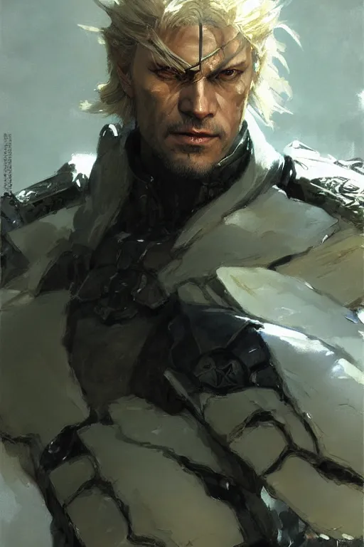 Image similar to raiden from metal gear solid 4 portrait dnd, painting by gaston bussiere, craig mullins, greg rutkowski, yoji shinkawa