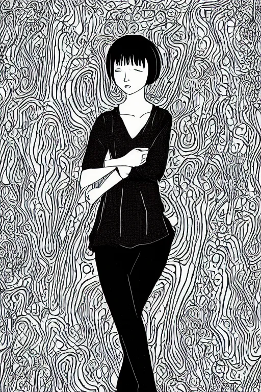 Image similar to portrait of a girl in long pants and a top, hands in pockets, eyes closed, bob haircut, digital art, black and white, lineart by junji ito