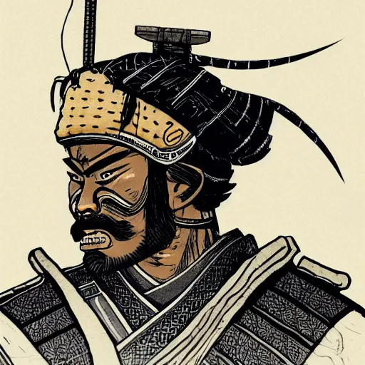 Prompt: a portrait of powerful japanese samurai wearing monster gear, detailed face, face symmetry, character concept portrait by moebius and laurie greasley, profile picture, 8 k, cinematic color grading