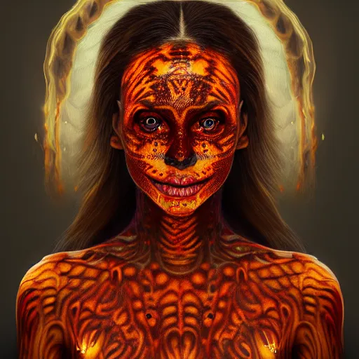 Prompt: A very detailed horrifying portrait painting of the fire princess, fire patterned skin, 8k, trending on artstation cgsociety, masterpiece, in the style of DiscoDiffusion.