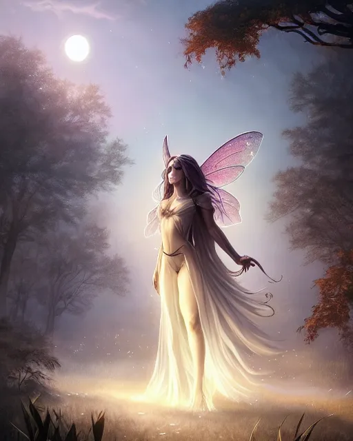 Image similar to attractive fairy goddness fly high in the night, d & d, fantasy, mist, full moon in background, trees, hyper detailed, art by artgerm and greg rutkowski and magali villeneuve, midium shot, 8 k realistic, cryengine, digital painting, trending on artstation, concept art, sharp focus, illustration,