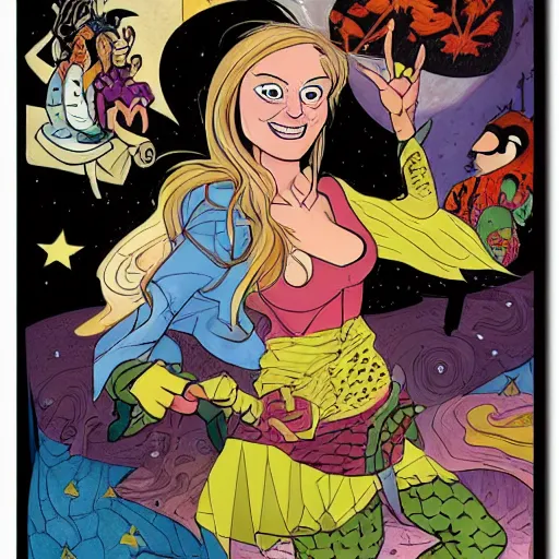 Prompt: hanna barbera by ryan ottley, by luigi loir lush, meticulous. a beautiful art installation of a woman with long flowing hair, wild animals, & a dark, starry night sky.