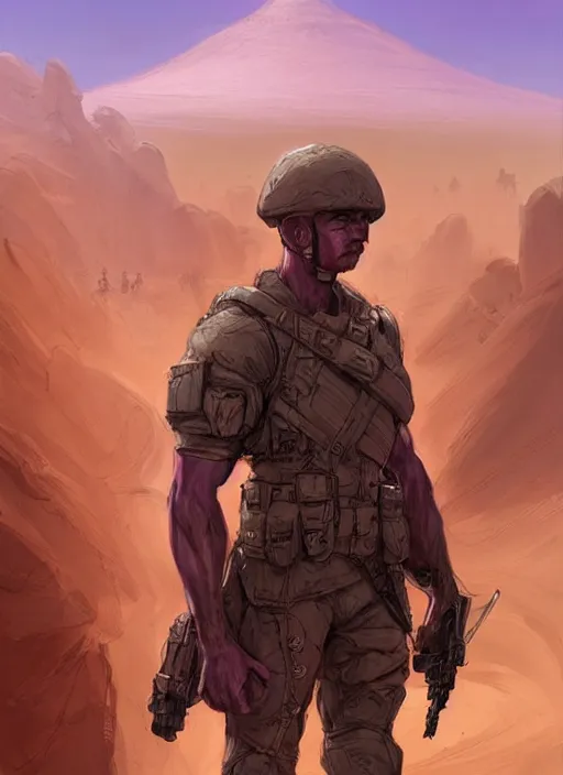 Image similar to purple lighting, detailed character concept illustration, strong muscular mature soldier in a soldier uniform, desert with city in the background, sharp focus, illustration, highly detailed, digital painting, concept art, matte, art by wlop and artgerm and greg rutkowski, masterpiece