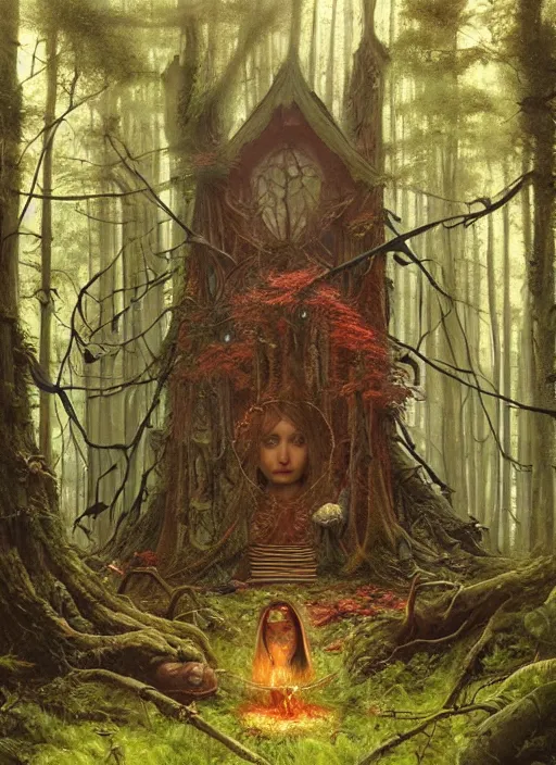 Image similar to a hyper realistic witch shrine in the woods gorgeous lighting, lush forest foliage painting by chiara bautista and beksinski and norman rockwell and greg rutkowski weta studio, and lucasfilm
