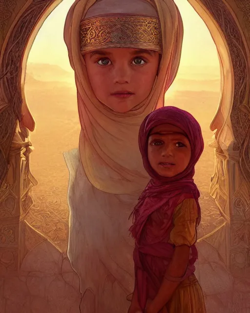 Image similar to a faceless bedouin child infront of a big open quran highly detailed, gold filigree, romantic storybook fantasy, soft cinematic lighting, award, disney concept art watercolor illustration by mandy jurgens and alphonse mucha and alena aenami, pastel color palette, featured on artstation