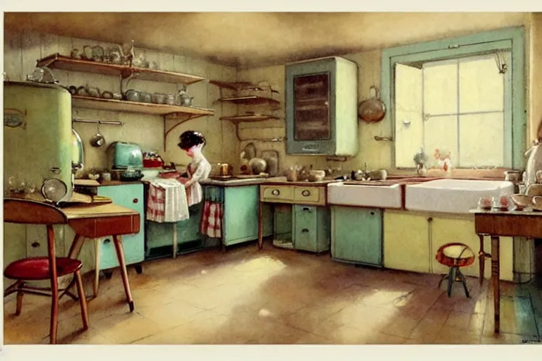 Image similar to ( ( ( ( ( 1 9 5 0 s retro kitchen interior scene. muted colors. ) ) ) ) ) by jean - baptiste monge!!!!!!!!!!!!!!!!!!!!!!!!!!!!!!