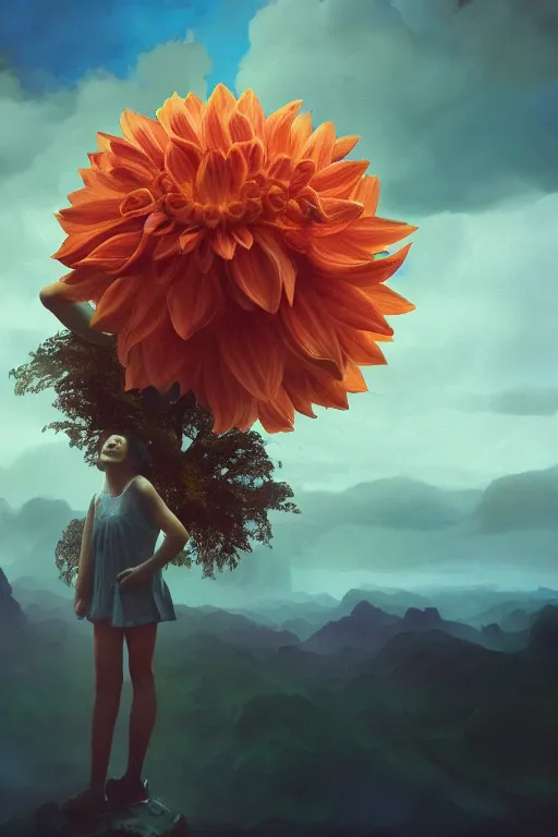 Image similar to closeup giant dahlia flower over the head, girl standing on mountain, surreal photography, blue storm clouds, dramatic light, impressionist painting, digital painting, artstation, simon stalenhag