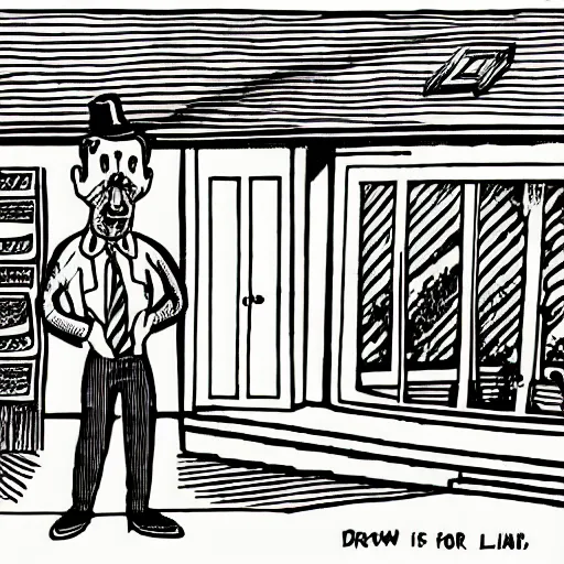 Image similar to a drawing of a man standing in front of a house. He's wearing a shirt and tie, pork pie hat. drawn by Robert Crumb