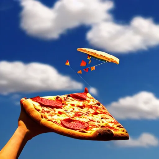 Prompt: a pizza is flying on the sky.