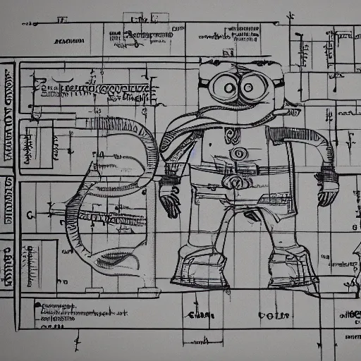 Image similar to anatomy of a minion on a blueprint, intricate detailed,