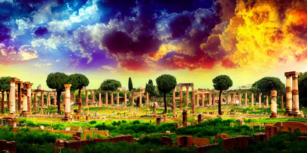 Prompt: spiritual chakra energies in the ruins of ancient rome, dreamy sky, olive fields in the distance, very colorful painting 8 k trending on art station, intricate superb details, digital art, cinematic lighting, volumetric lighting, photographic, blur bokeh defocus dof sky by afremov, award winning masterpiece.