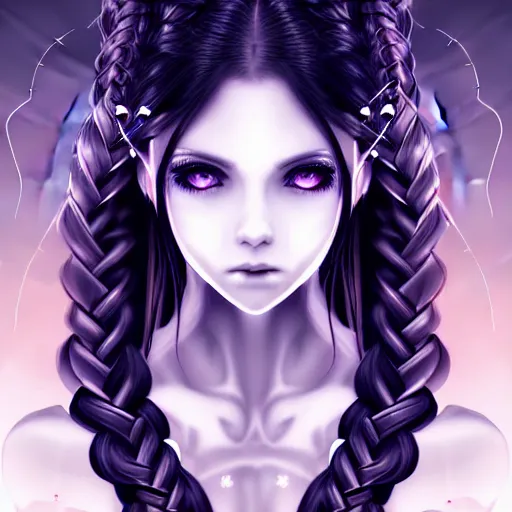 Prompt: beautiful female cyborg angel in pieces, white black fade braided hair, dark light night braided hair, highly intricate detailed braided hair, advanced digital anime art, 16k resolution, wlop and rossdraws and Sakimimichan