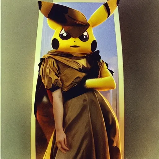 Image similar to elegant woman dressed up as pikachu, art photo by Annie Liebovitz and Alphonse Mucha